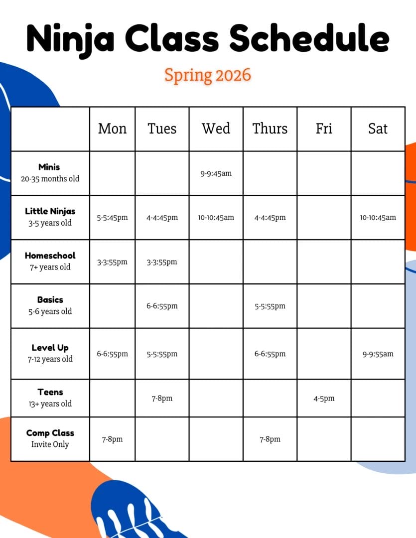 The Ninja Gym ninja class schedule